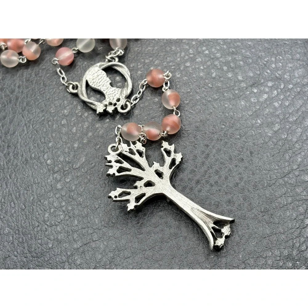 Dogwood Tree Pink Glass Rosary Bead Necklace Cross Pendant Silver Tone Boho